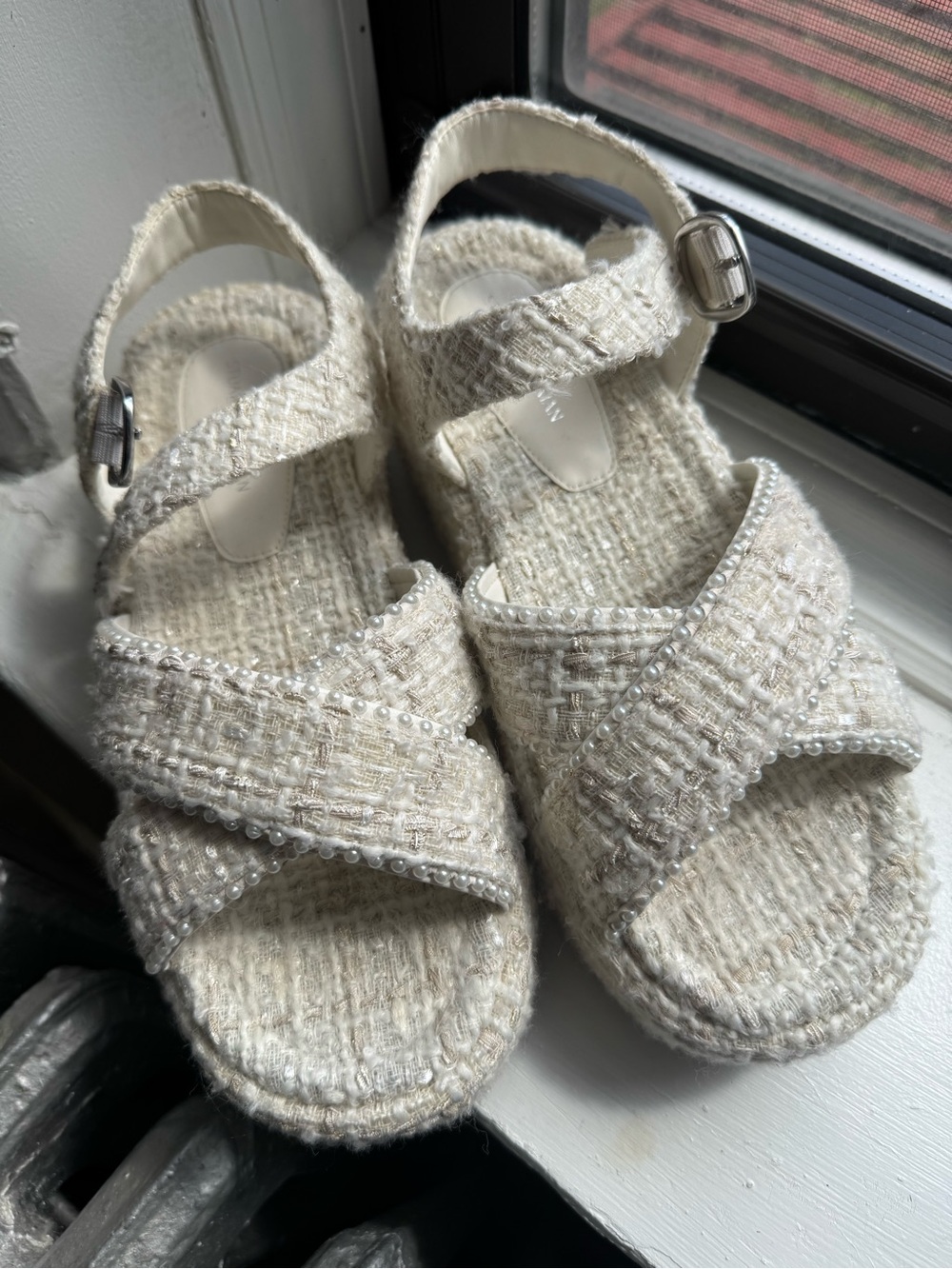Stuart Weitzman off white Tweed Sandals with Pearl Trim